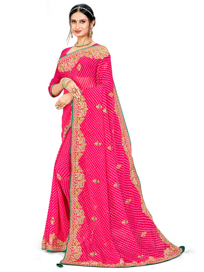 Women's Georgette Bandhani Saree With Unstitched Blouse Piece
