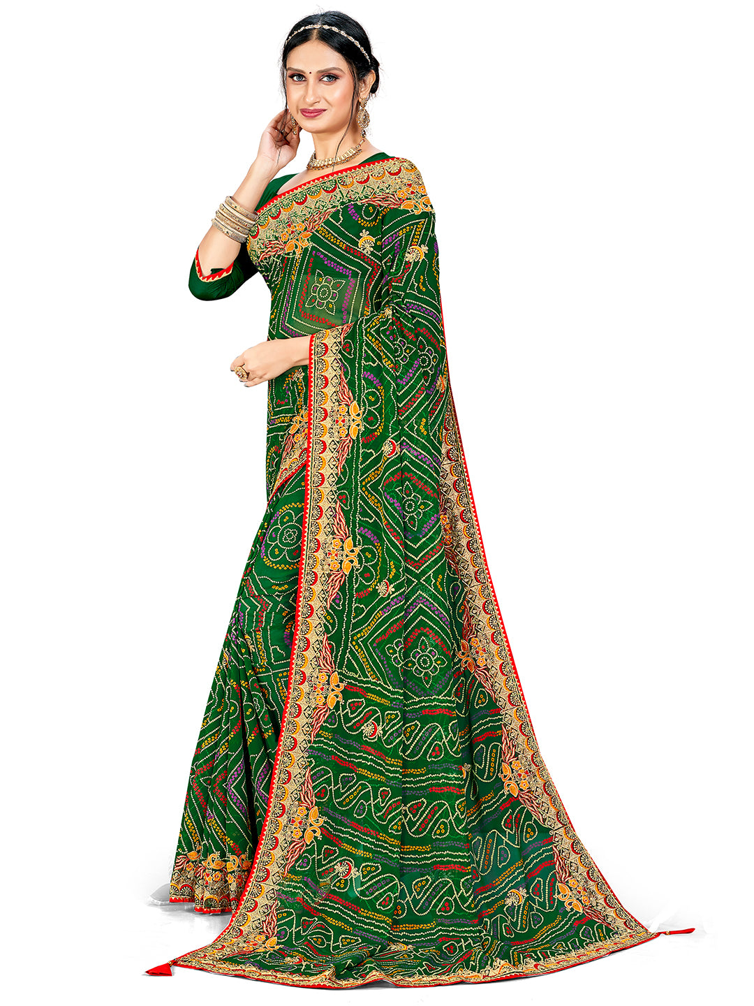 Women's Georgette Bandhani Saree With Unstitched Blouse Piece