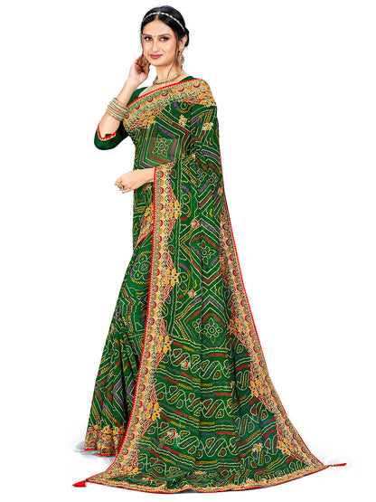 Women's Georgette Bandhani Saree With Unstitched Blouse Piece
