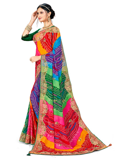 Women's Georgette Bandhani Saree With Unstitched Blouse Piece