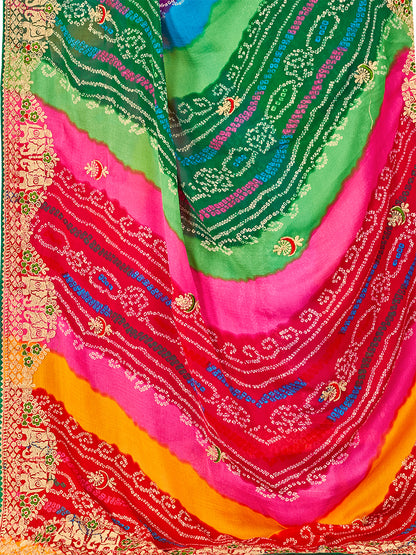 Women's Georgette Bandhani Saree With Unstitched Blouse Piece