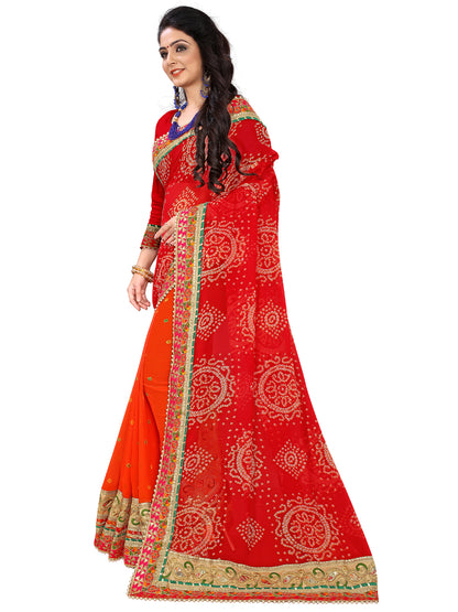 Women's Georgette Bandhani Saree With Unstitched Blouse Piece