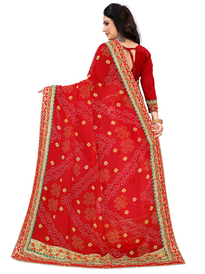 Women's Georgette Bandhani Saree With Unstitched Blouse Piece