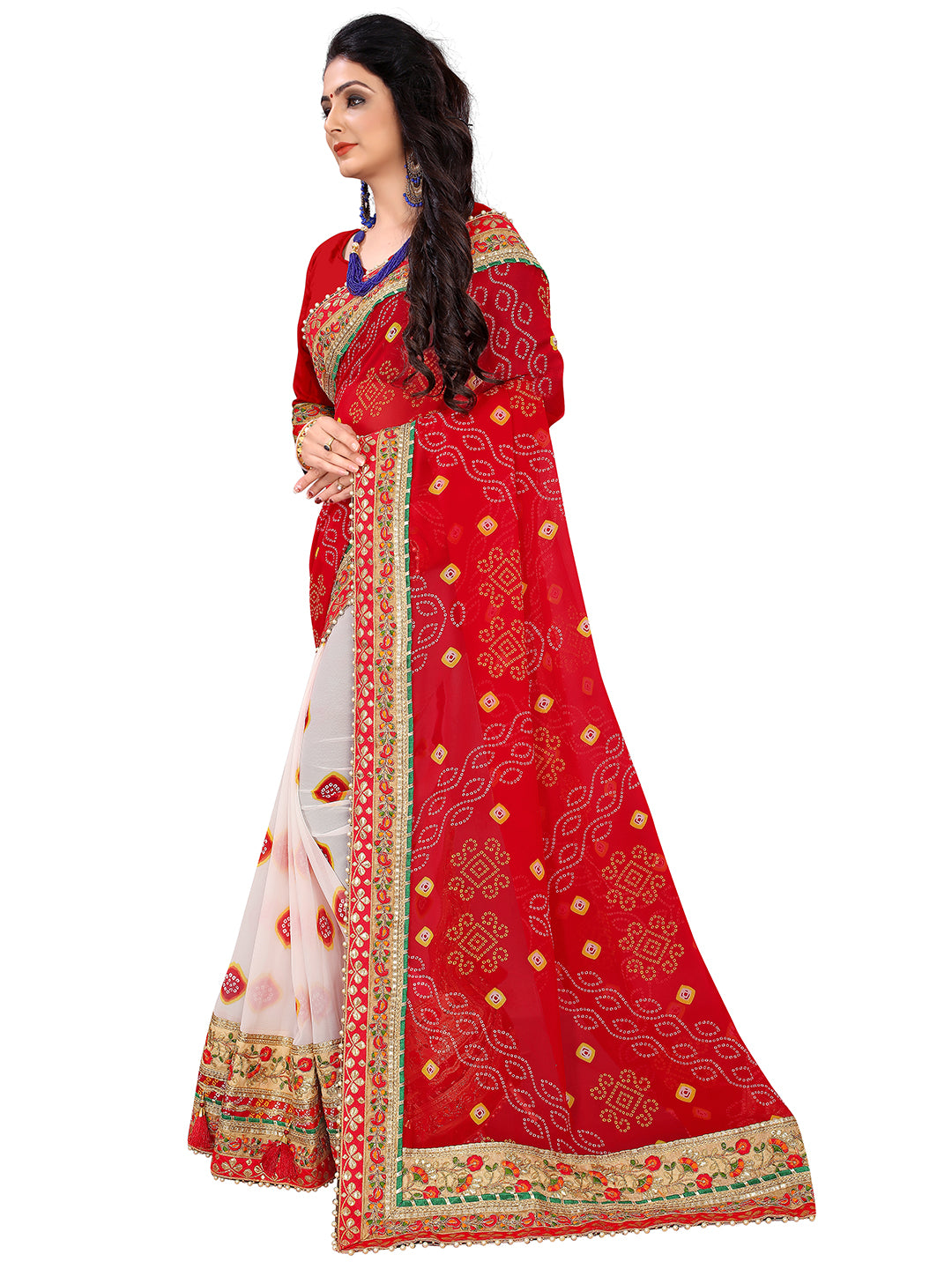 Women's Georgette Bandhani Saree With Unstitched Blouse Piece