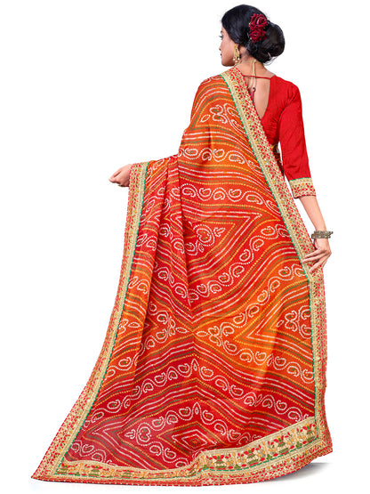 Women's Chiffon Bandhani Saree With Unstitched Blouse Piece