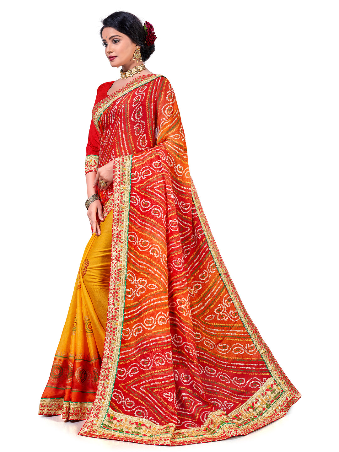 Women's Chiffon Bandhani Saree With Unstitched Blouse Piece
