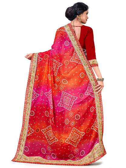 Women's Chiffon Bandhani Saree With Unstitched Blouse Piece