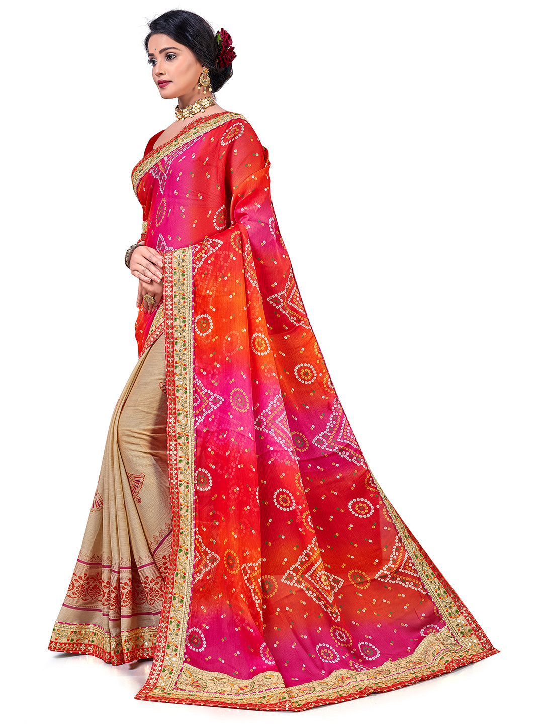 Women's Chiffon Bandhani Saree With Unstitched Blouse Piece