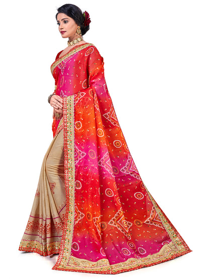 Women's Chiffon Bandhani Saree With Unstitched Blouse Piece