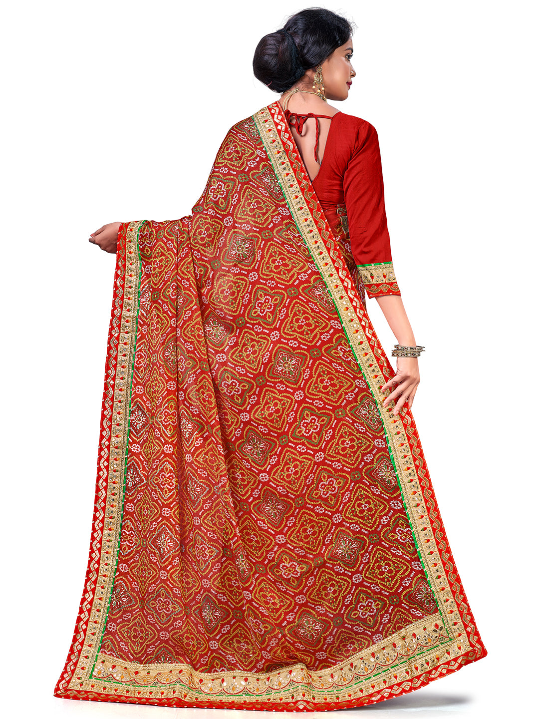 Women's Chiffon Bandhani Saree With Unstitched Blouse Piece