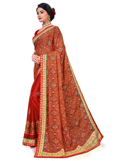 Women's Chiffon Bandhani Saree With Unstitched Blouse Piece