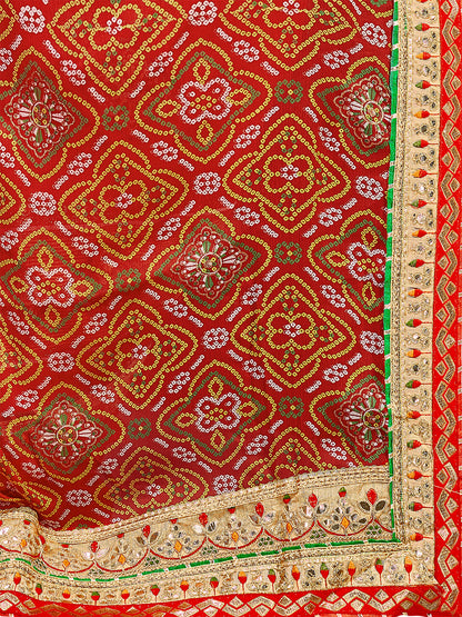 Women's Chiffon Bandhani Saree With Unstitched Blouse Piece