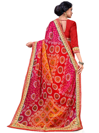 Women's Chiffon Bandhani Saree With Unstitched Blouse Piece