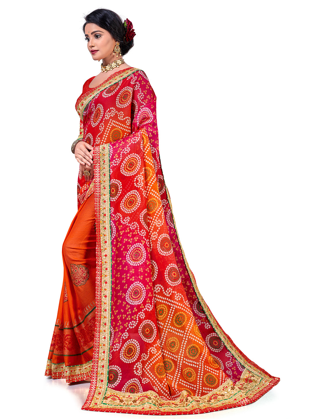 Women's Chiffon Bandhani Saree With Unstitched Blouse Piece