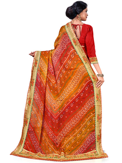 Women's Chiffon Bandhani Saree With Unstitched Blouse Piece