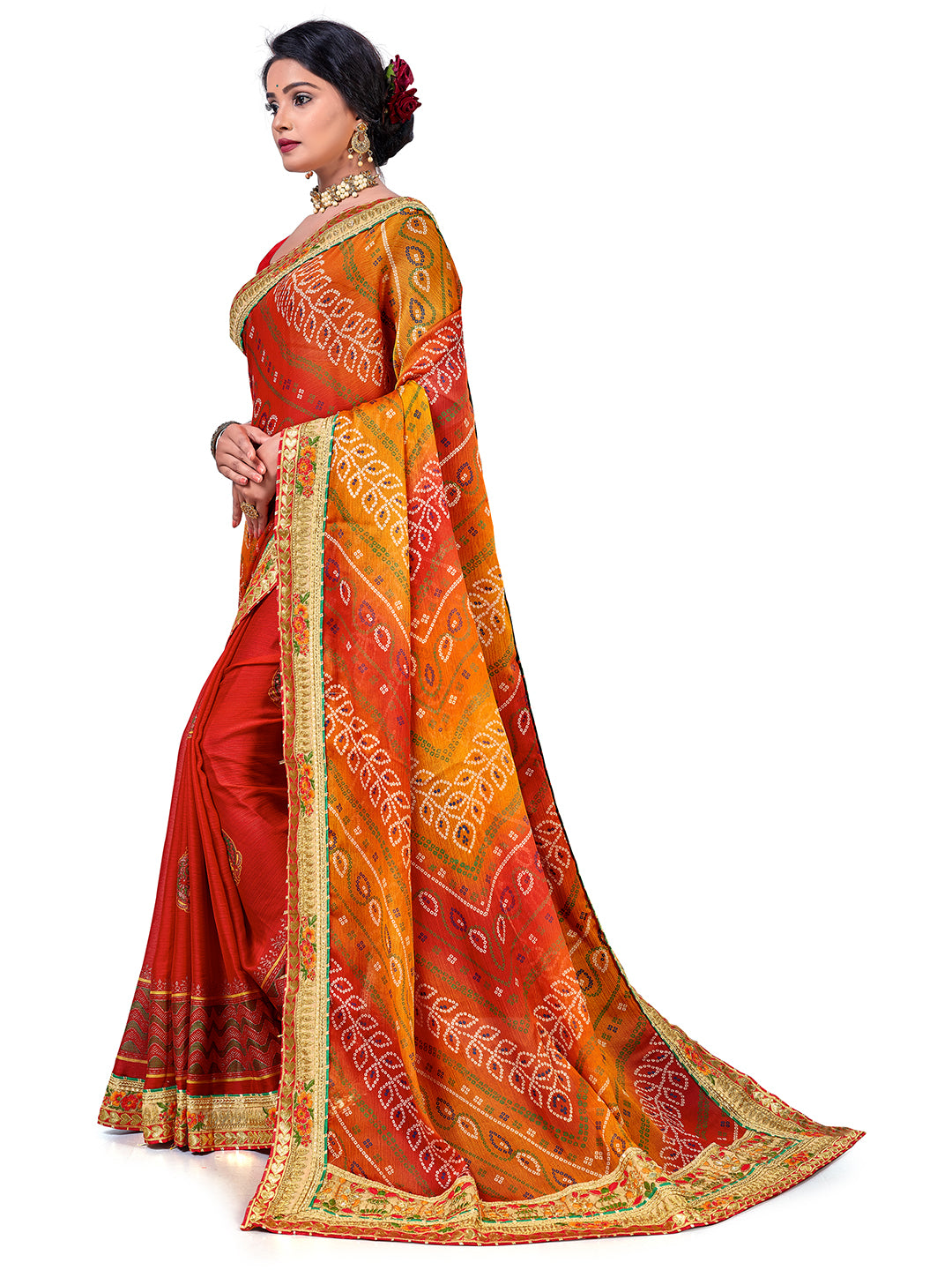 Women's Chiffon Bandhani Saree With Unstitched Blouse Piece