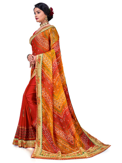 Women's Chiffon Bandhani Saree With Unstitched Blouse Piece