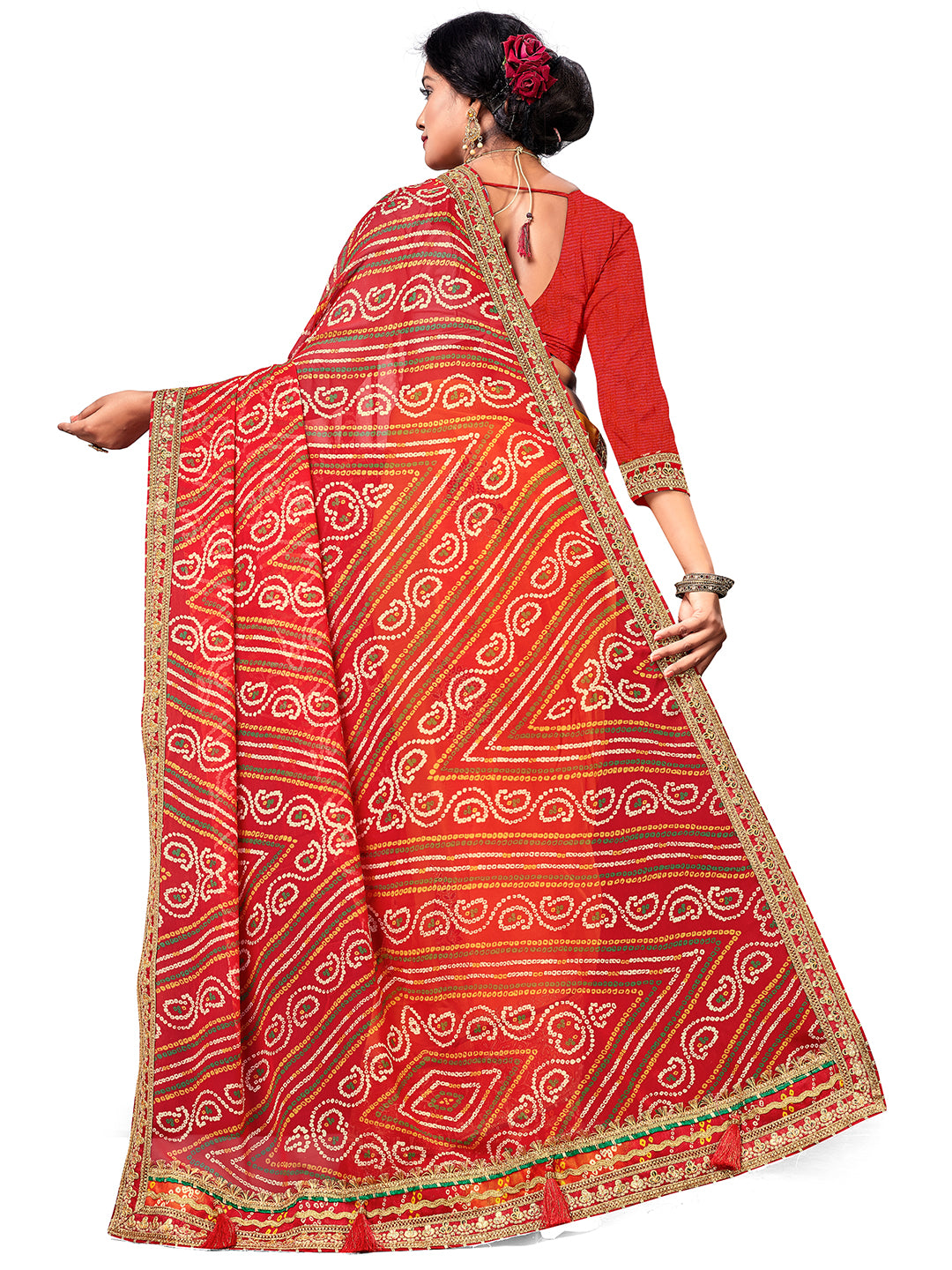 Women's Georgette Bandhani Saree With Unstitched Blouse Piece