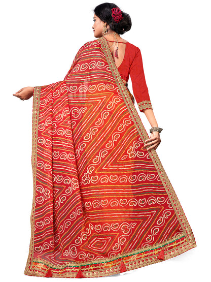 Women's Georgette Bandhani Saree With Unstitched Blouse Piece