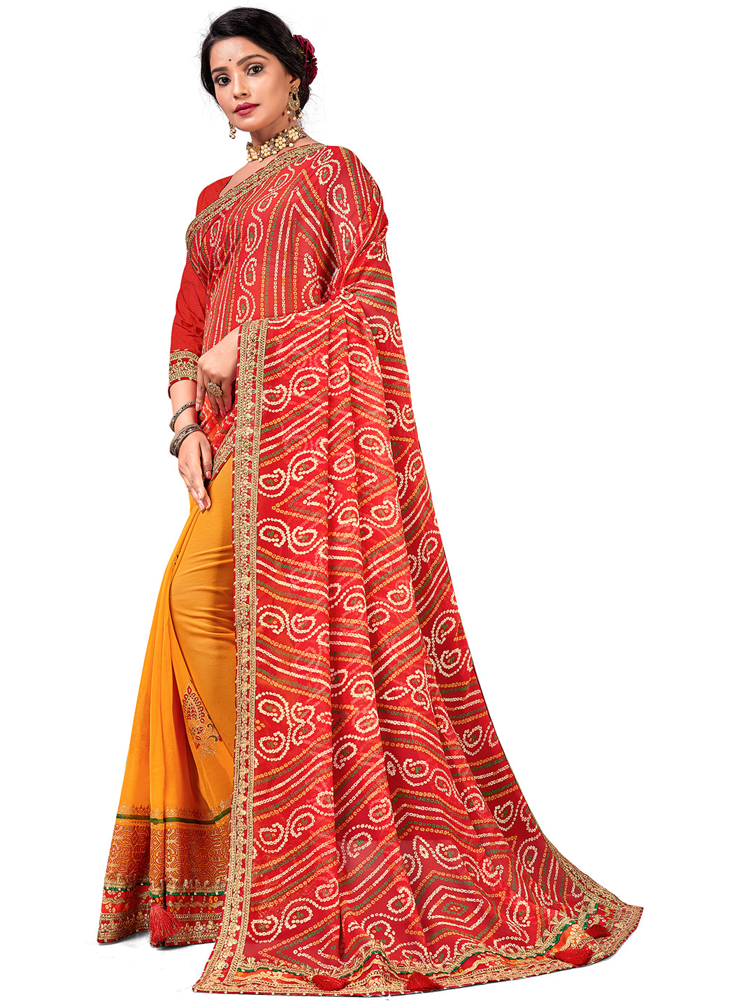 Women's Georgette Bandhani Saree With Unstitched Blouse Piece