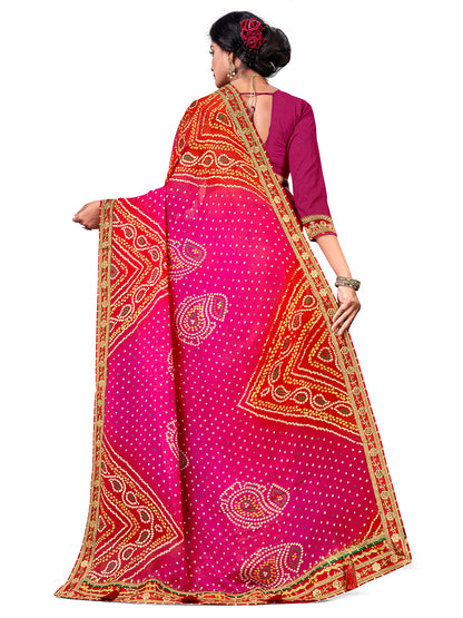 Women's Georgette Bandhani Saree With Unstitched Blouse Piece