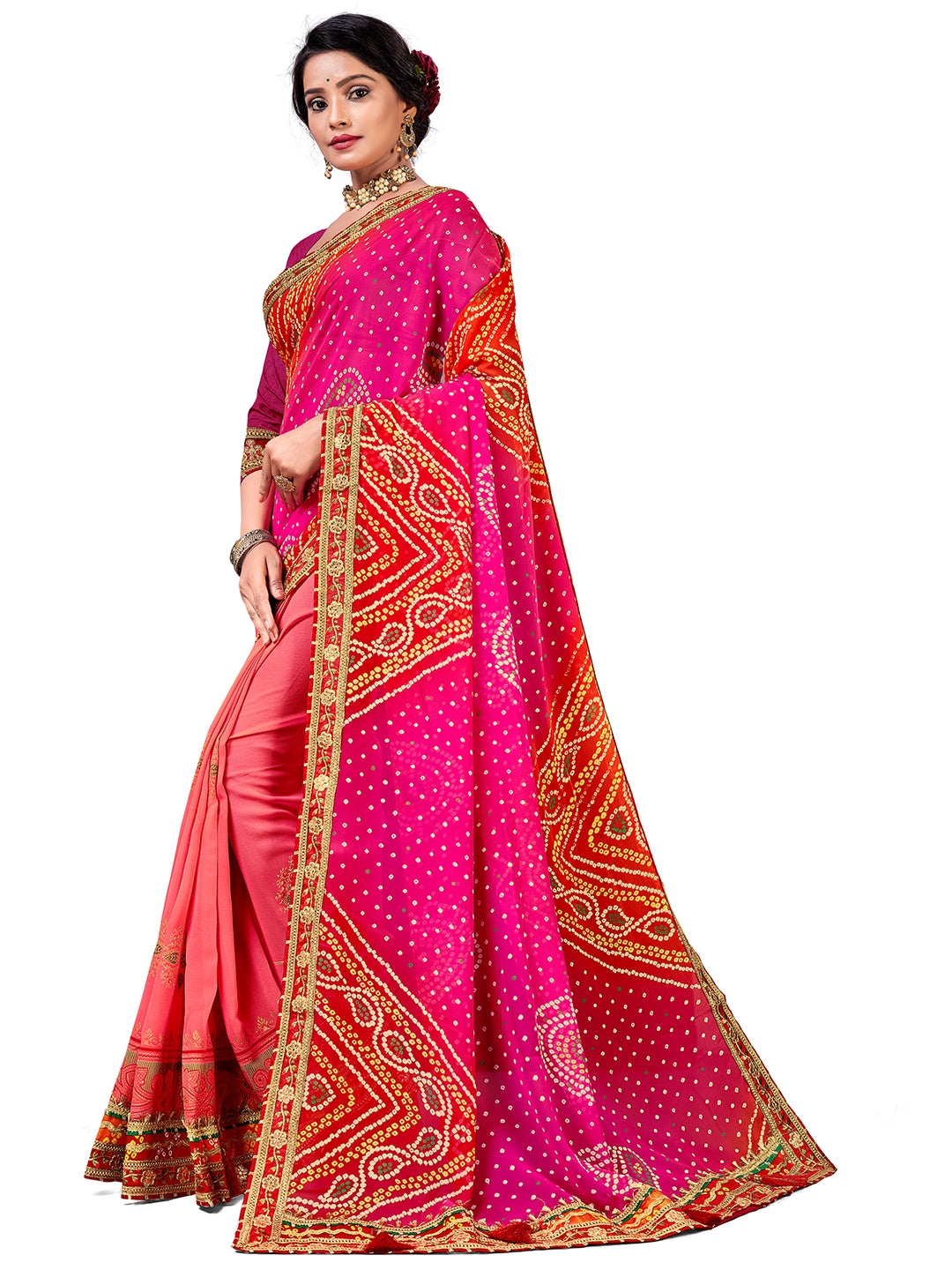 Women's Georgette Bandhani Saree With Unstitched Blouse Piece