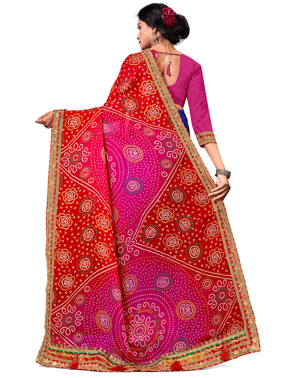Women's Georgette Bandhani Saree With Unstitched Blouse Piece