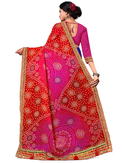 Women's Georgette Bandhani Saree With Unstitched Blouse Piece