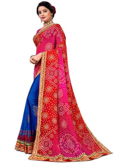 Women's Georgette Bandhani Saree With Unstitched Blouse Piece