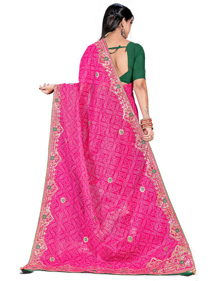 Women's Shimmer Bandhani Saree With Unstitched Blouse Piece