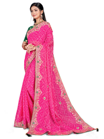 Women's Shimmer Bandhani Saree With Unstitched Blouse Piece
