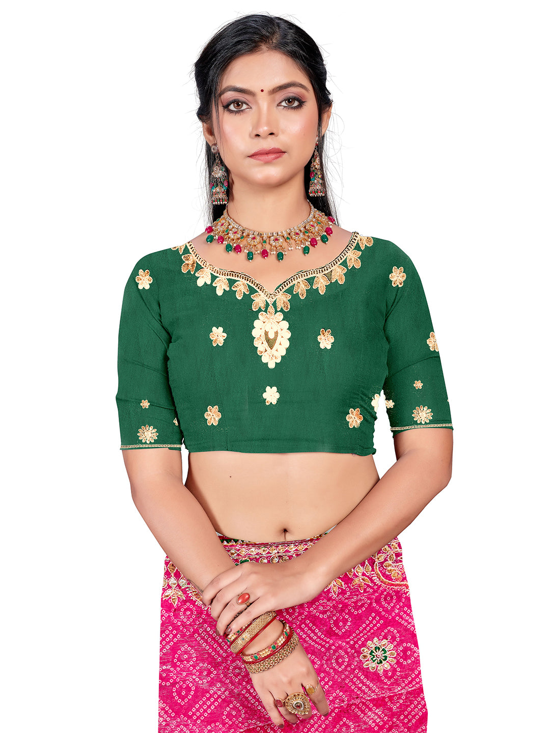 Women's Shimmer Bandhani Saree With Unstitched Blouse Piece