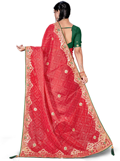 Women's Shimmer Bandhani Saree With Unstitched Blouse Piece