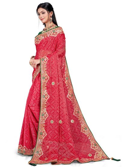 Women's Shimmer Bandhani Saree With Unstitched Blouse Piece