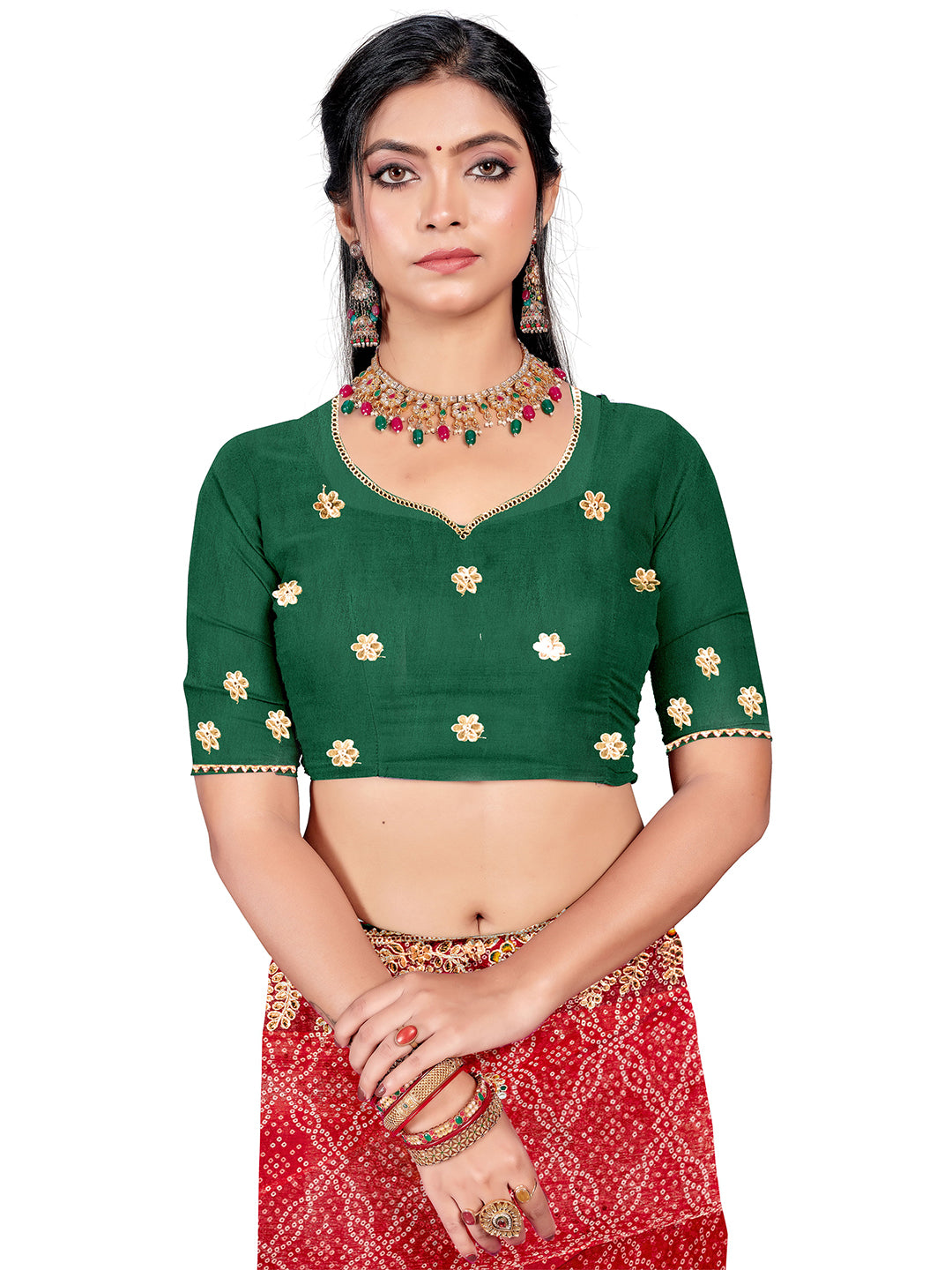 Women's Shimmer Bandhani Saree With Unstitched Blouse Piece