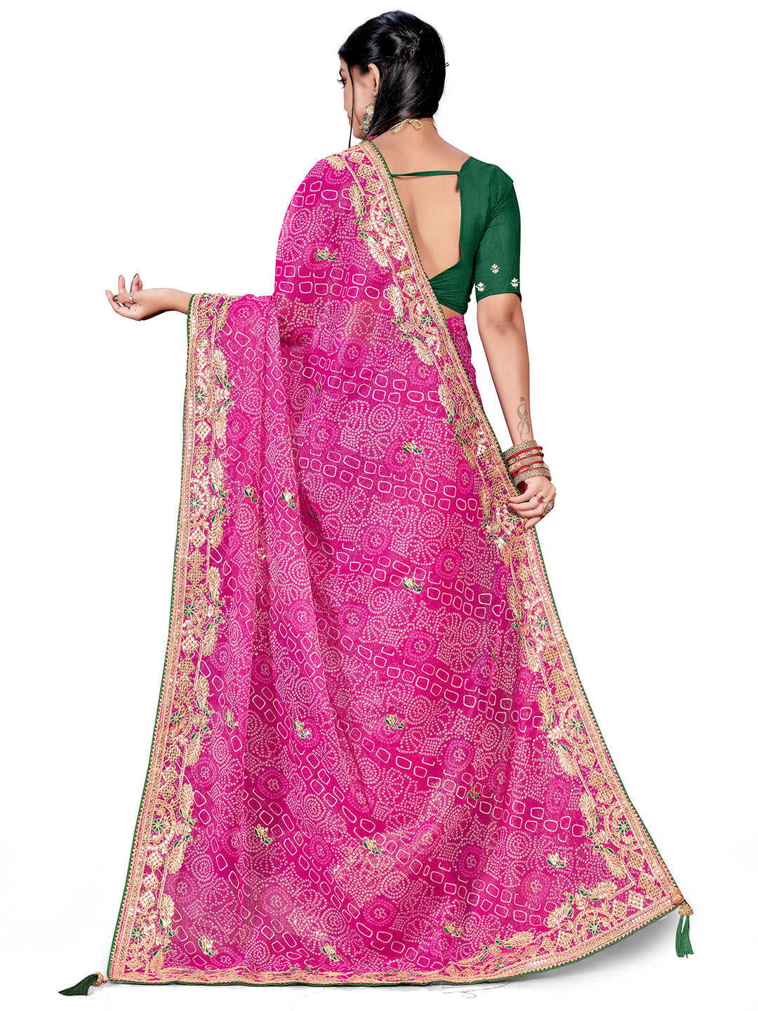 Women's Shimmer Bandhani Saree With Unstitched Blouse Piece