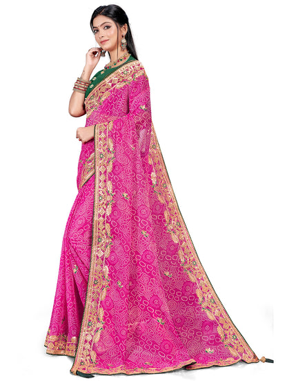 Women's Shimmer Bandhani Saree With Unstitched Blouse Piece