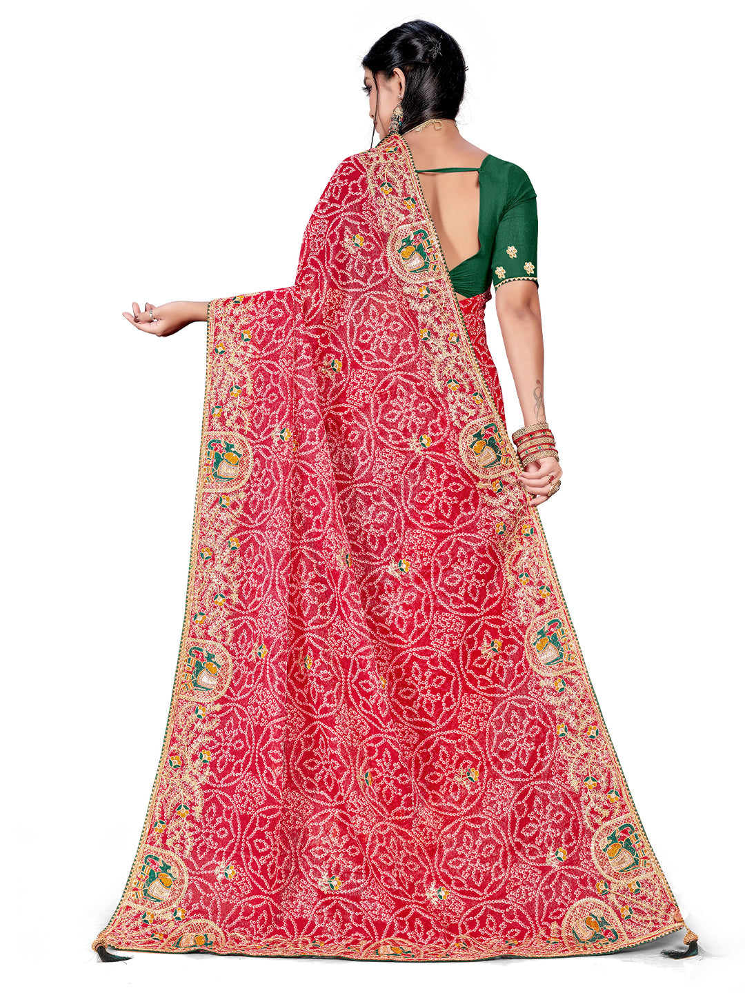 Women's Shimmer Bandhani Saree With Unstitched Blouse Piece