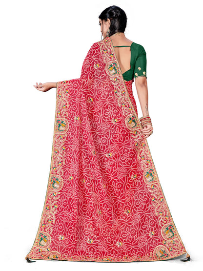 Women's Shimmer Bandhani Saree With Unstitched Blouse Piece