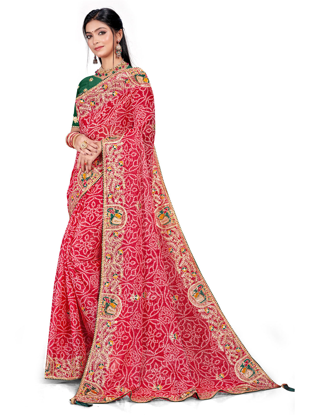 Women's Shimmer Bandhani Saree With Unstitched Blouse Piece