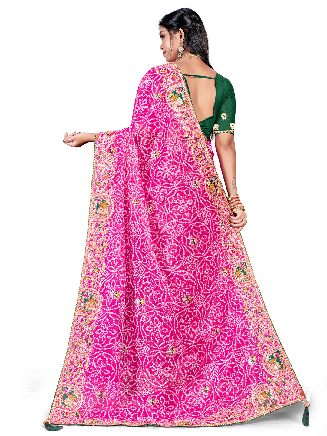 Women's Shimmer Bandhani Saree With Unstitched Blouse Piece