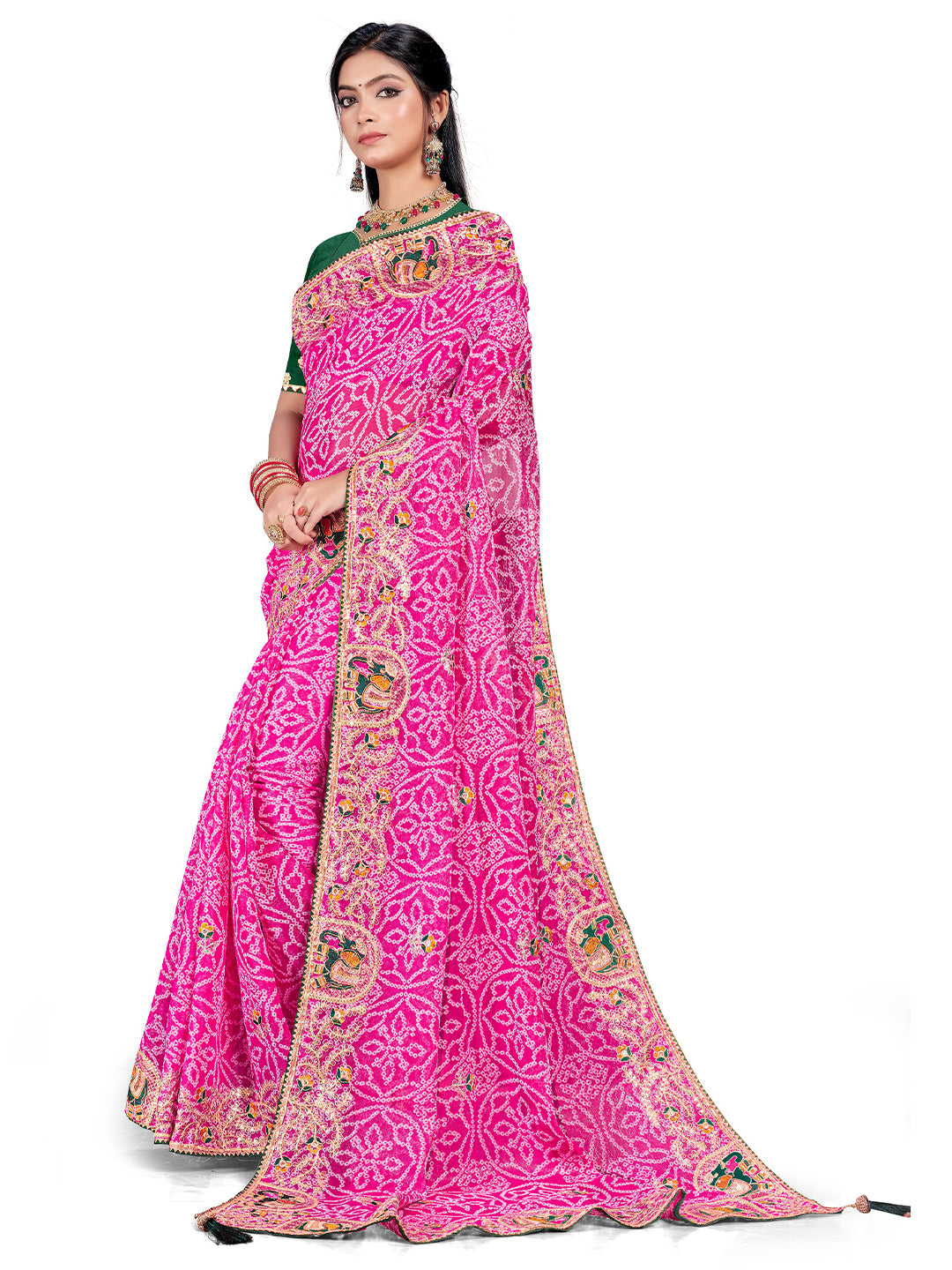 Women's Shimmer Bandhani Saree With Unstitched Blouse Piece