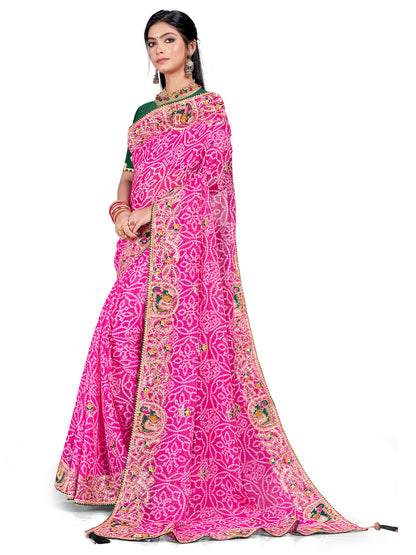Women's Shimmer Bandhani Saree With Unstitched Blouse Piece