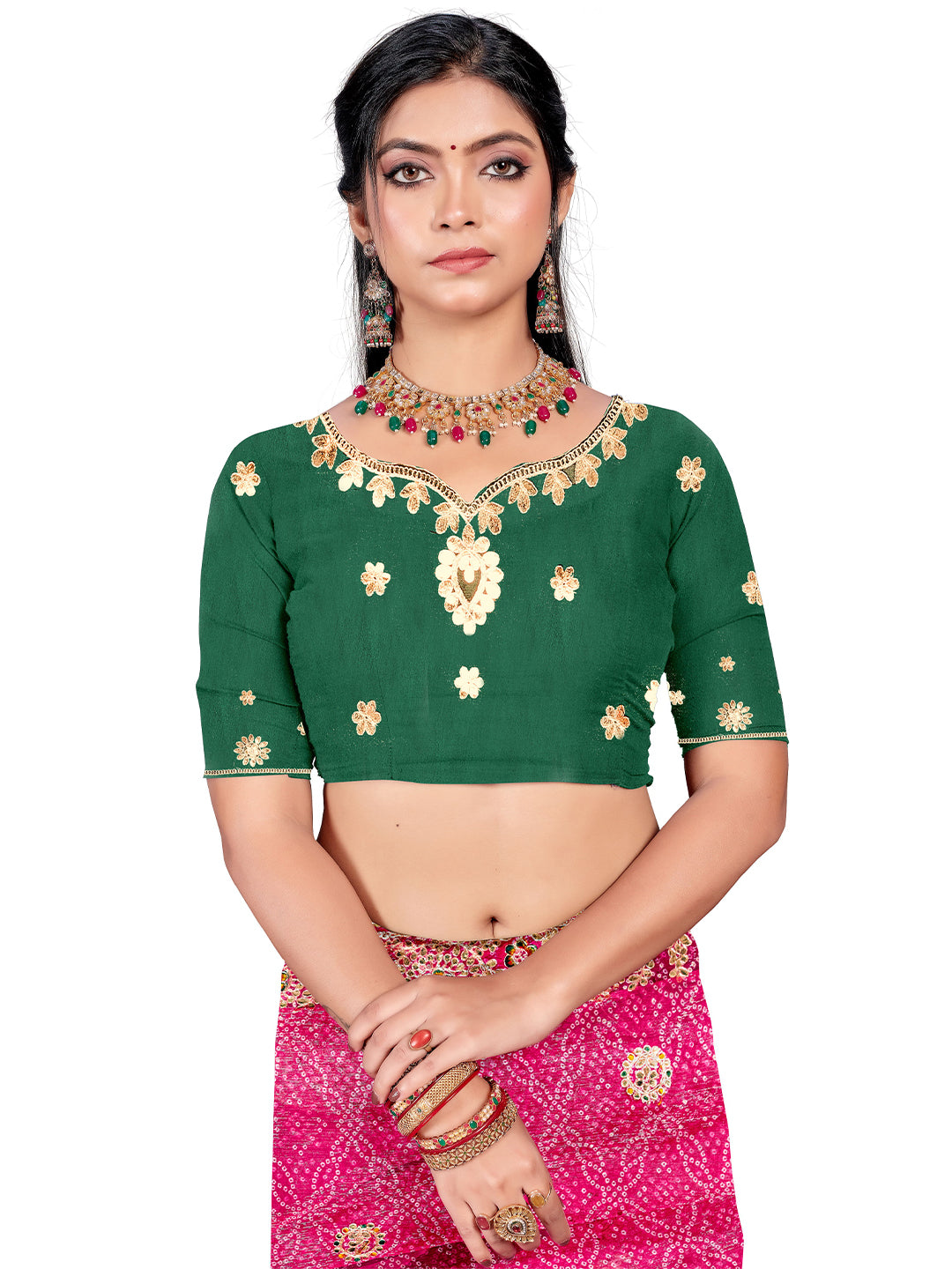 Women's Shimmer Bandhani Saree With Unstitched Blouse Piece