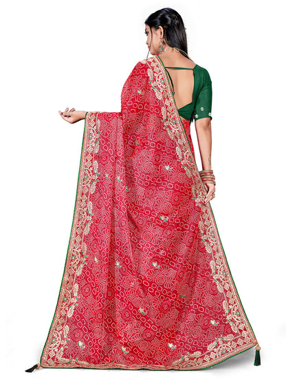 Women's Shimmer Bandhani Saree With Unstitched Blouse Piece