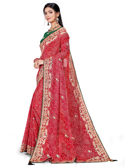 Women's Shimmer Bandhani Saree With Unstitched Blouse Piece