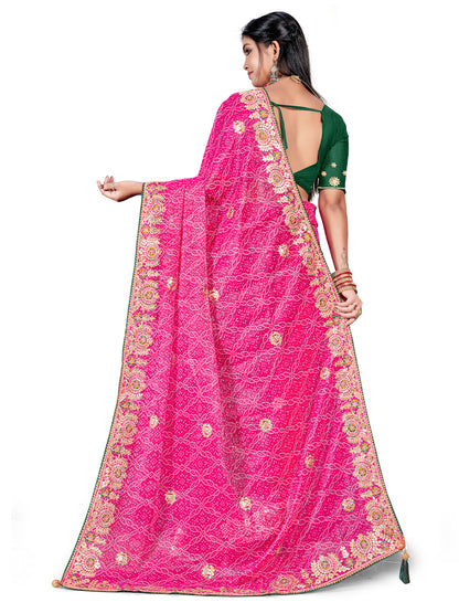 Women's Shimmer Bandhani Saree With Unstitched Blouse Piece