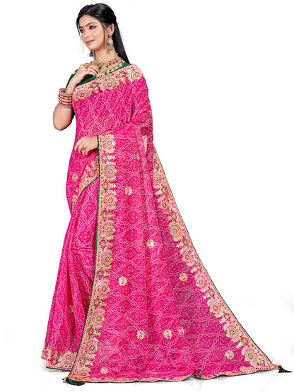 Women's Shimmer Bandhani Saree With Unstitched Blouse Piece