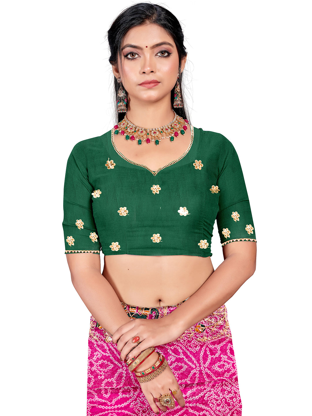 Women's Shimmer Bandhani Saree With Unstitched Blouse Piece