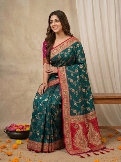 Women's Banarasi Silk Saree With Unstitched Blouse Piece